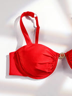Vibrant Red Ruched Underwire Bikini Set with Metallic Ring Hardware