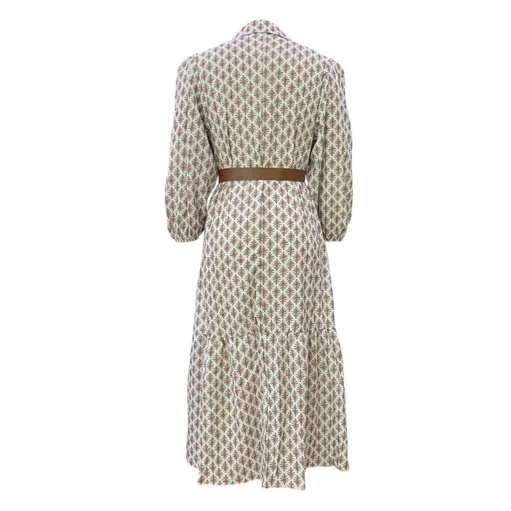 Printed Puff Sleeve Belted Midi Dress with Relaxed Contemporary Shape