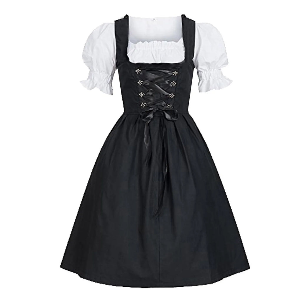Traditional Bavarian-Inspired Dirndl Dress with Lace-Up Corset Bodice and Puff Sleeves