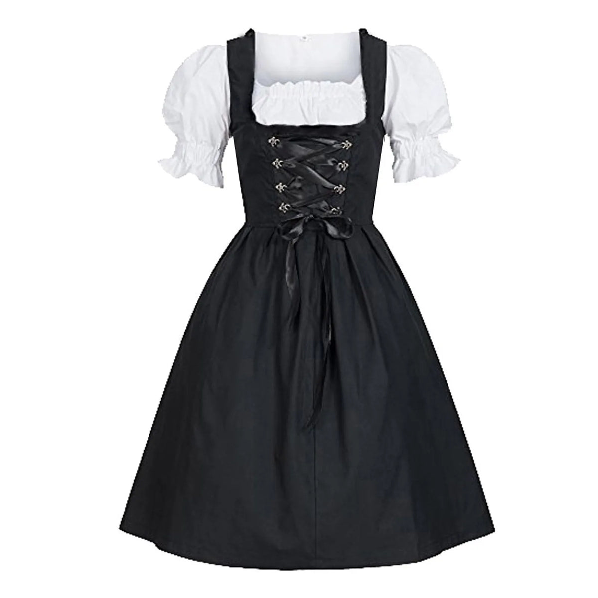 Traditional Bavarian-Inspired Dirndl Dress with Lace-Up Corset Bodice and Puff Sleeves