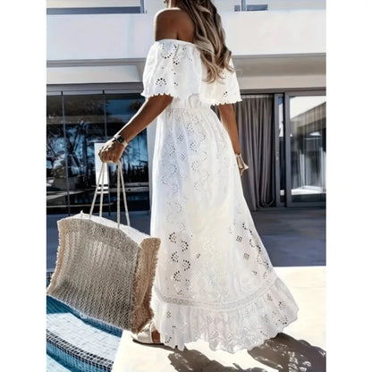 Off Shoulder Eyelet Embroidered Maxi Dress with Flowy Vacation Silhouette
