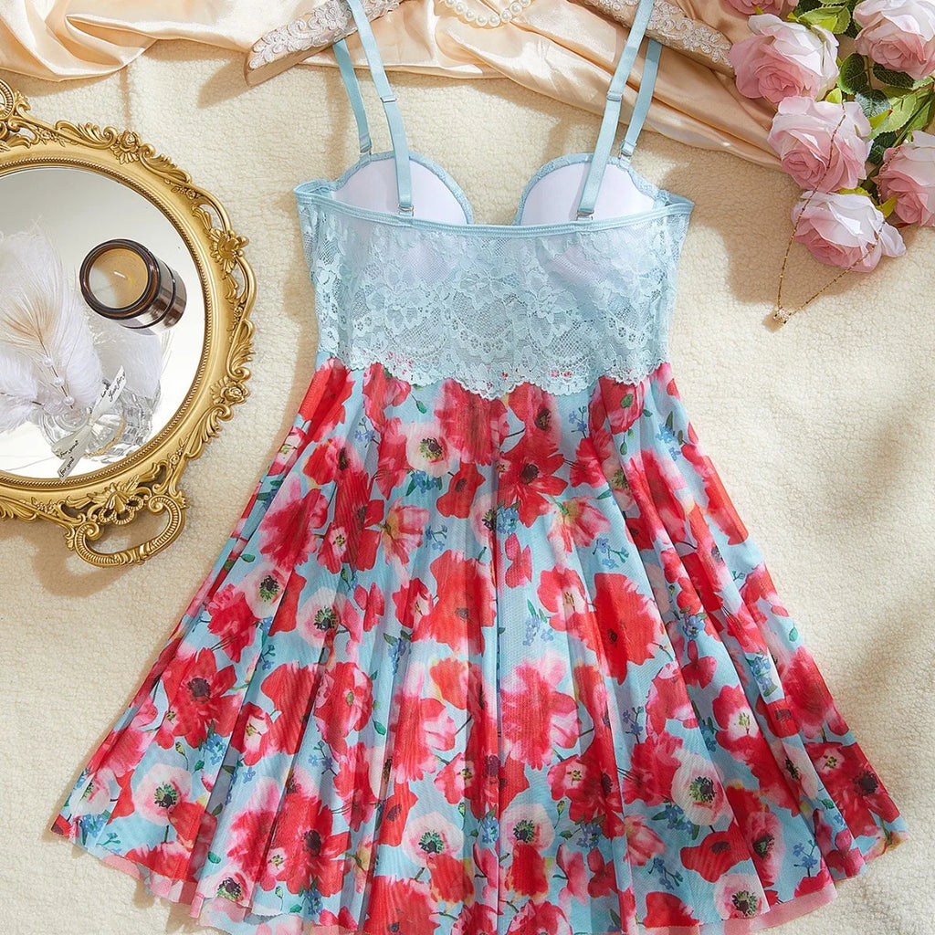 Vibrant Floral Print Flared Babydoll with Structured Underwire Cups and Lace Midriff