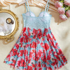 Vibrant Floral Print Flared Babydoll with Structured Underwire Cups and Lace Midriff
