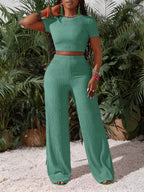 Women's Knit Crop Top and Wide Leg Pants Co-Ord Set