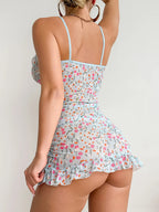 Sheer Light Blue Floral Mesh Bodycon Mini Dress with Ruffled Trim