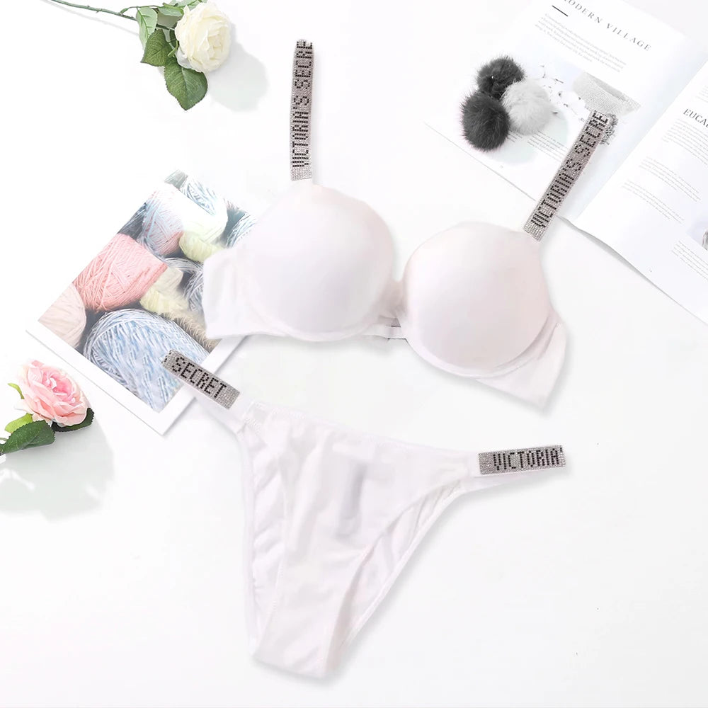 Sleek Minimalist Contour Underwire Bra and Thong Set with Crystal-Embellished Straps