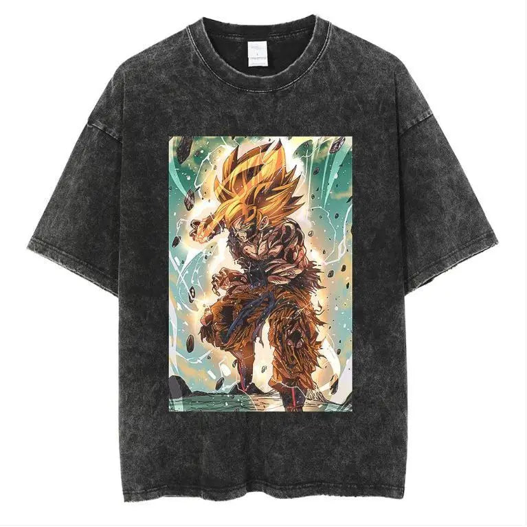 Retro Anime Power Aura Oversized Washed Cotton Streetwear Graphic T-Shirt