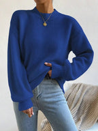 Women's Mock Neck Drop Shoulder Knit Sweater with Relaxed Oversized Silhouette