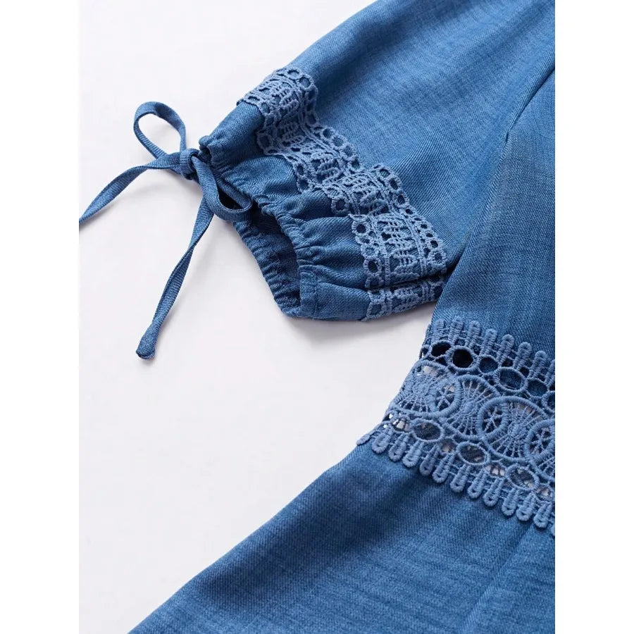 Flowing Blue V-Neck Mini Dress with Tiered Ruffles and Delicate Embroidery Details