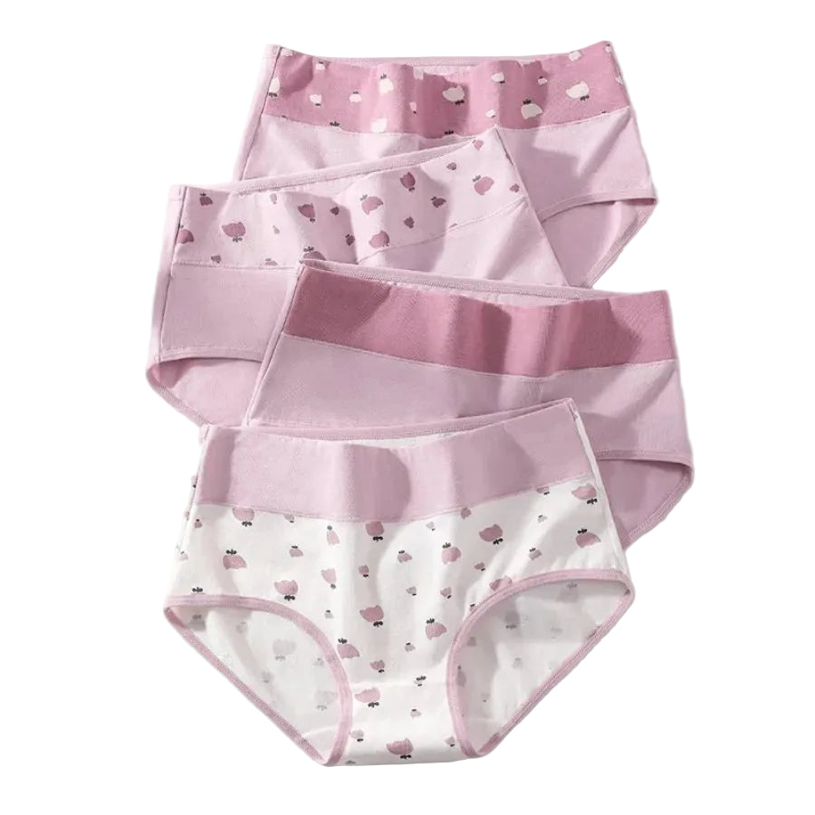 4-Piece Women’s Printed High-Rise Briefs Set with Playful Heart and Floral Motifs, Soft Pink Tones and Feminine Styling