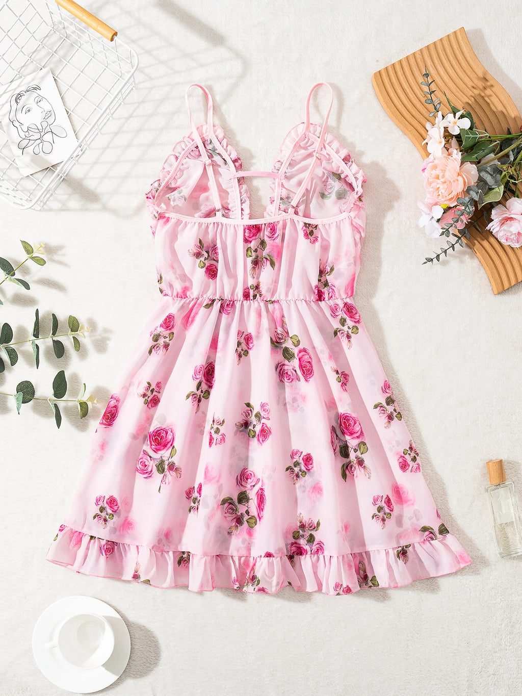Floral Print Lightweight Slip Nightgown with Feminine Ruffle Trim