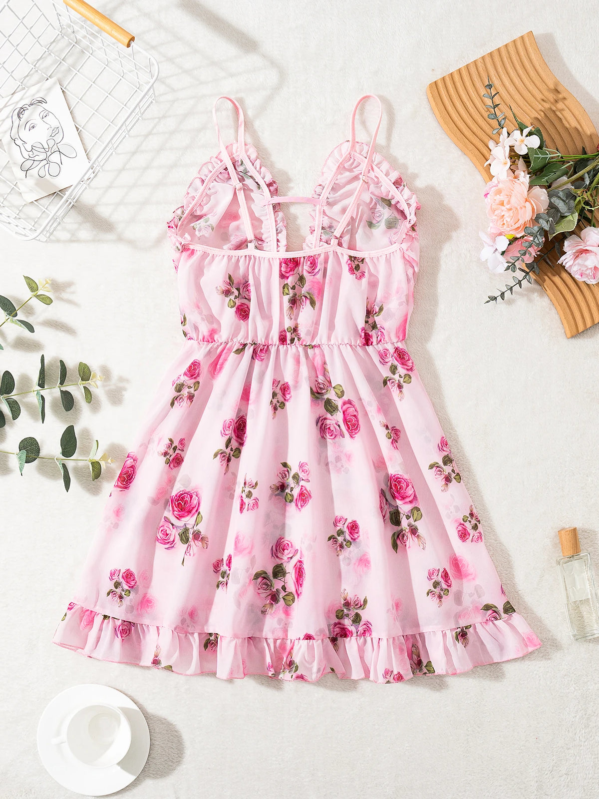 Floral Print Lightweight Slip Nightgown with Feminine Ruffle Trim