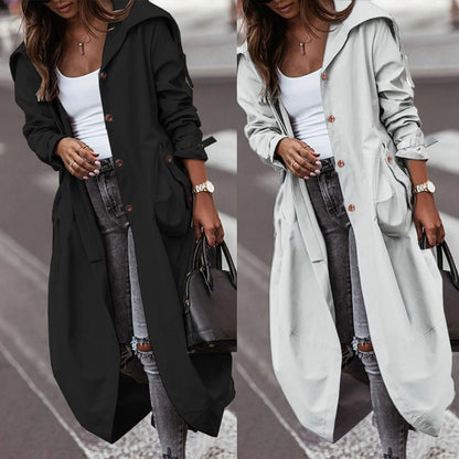 Women's Oversized Hooded Longline Trench Coat with Button Front Casual Streetwear Outerwear