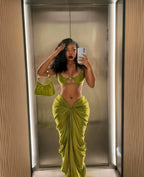 Solid Olive Green Bandeau Swim Set with Draped Maxi Skirt Cover-Up