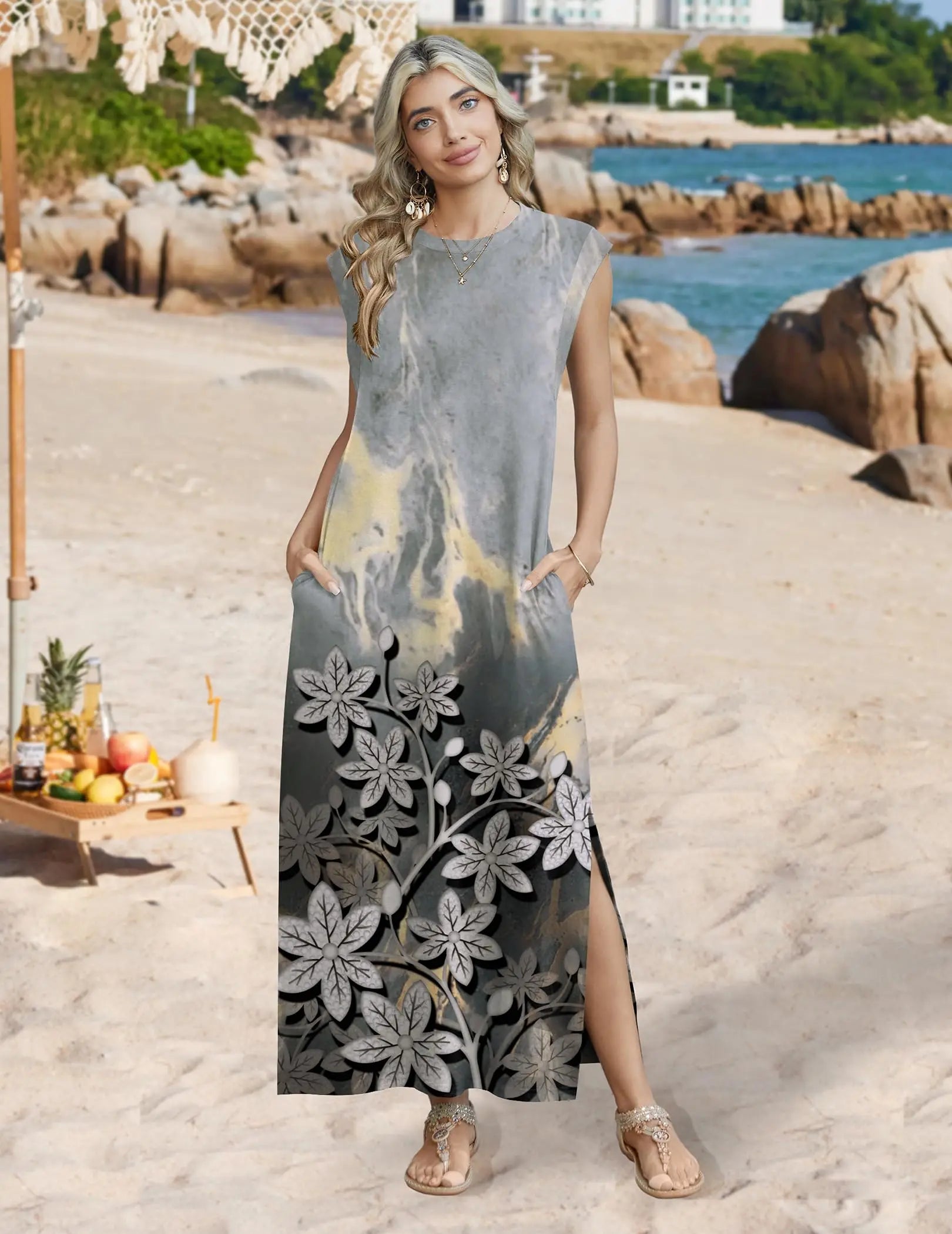 Loose Fit Sleeveless Floral Maxi Dress with Pockets for Casual Styling