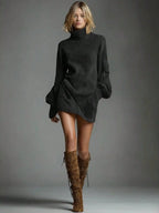 Turtleneck Lantern Sleeve Mini Dress with Relaxed Oversized Silhouette