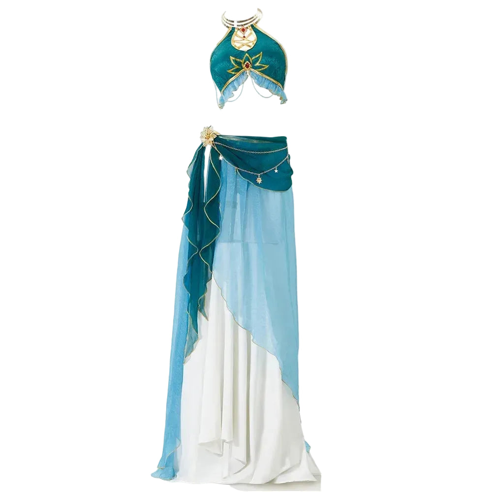 Women's Satin Halter Top and Layered Skirt Set with Detached Sleeves and Coordinated Accessories