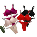 Delicate Eyelash Lace Trim Contour Bra and Thong Set with Crystal-Embellished Straps