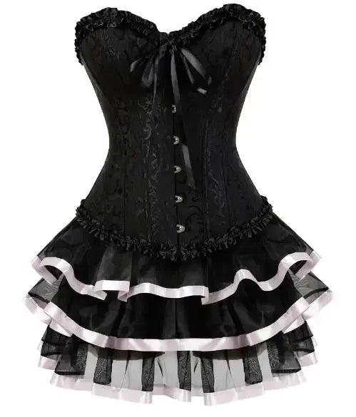 Ruffle Hem Overbust Corset Dress with Lace-Up Front and Layered Skirt