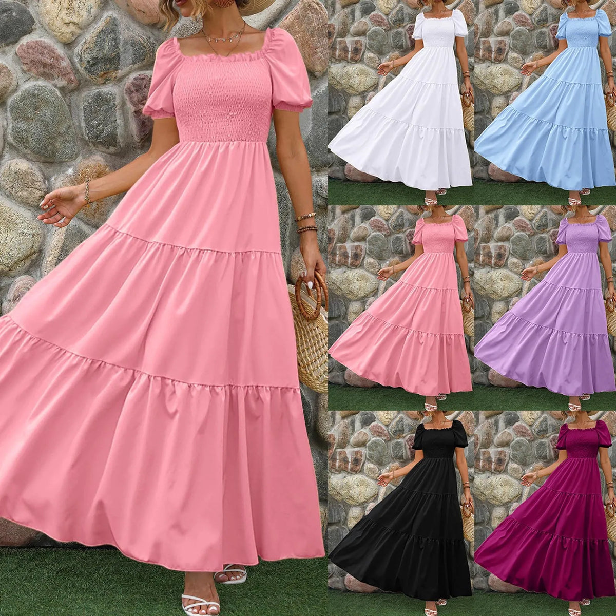 Tiered A-Line Maxi Dress with Smocked Bodice and Puff Sleeves