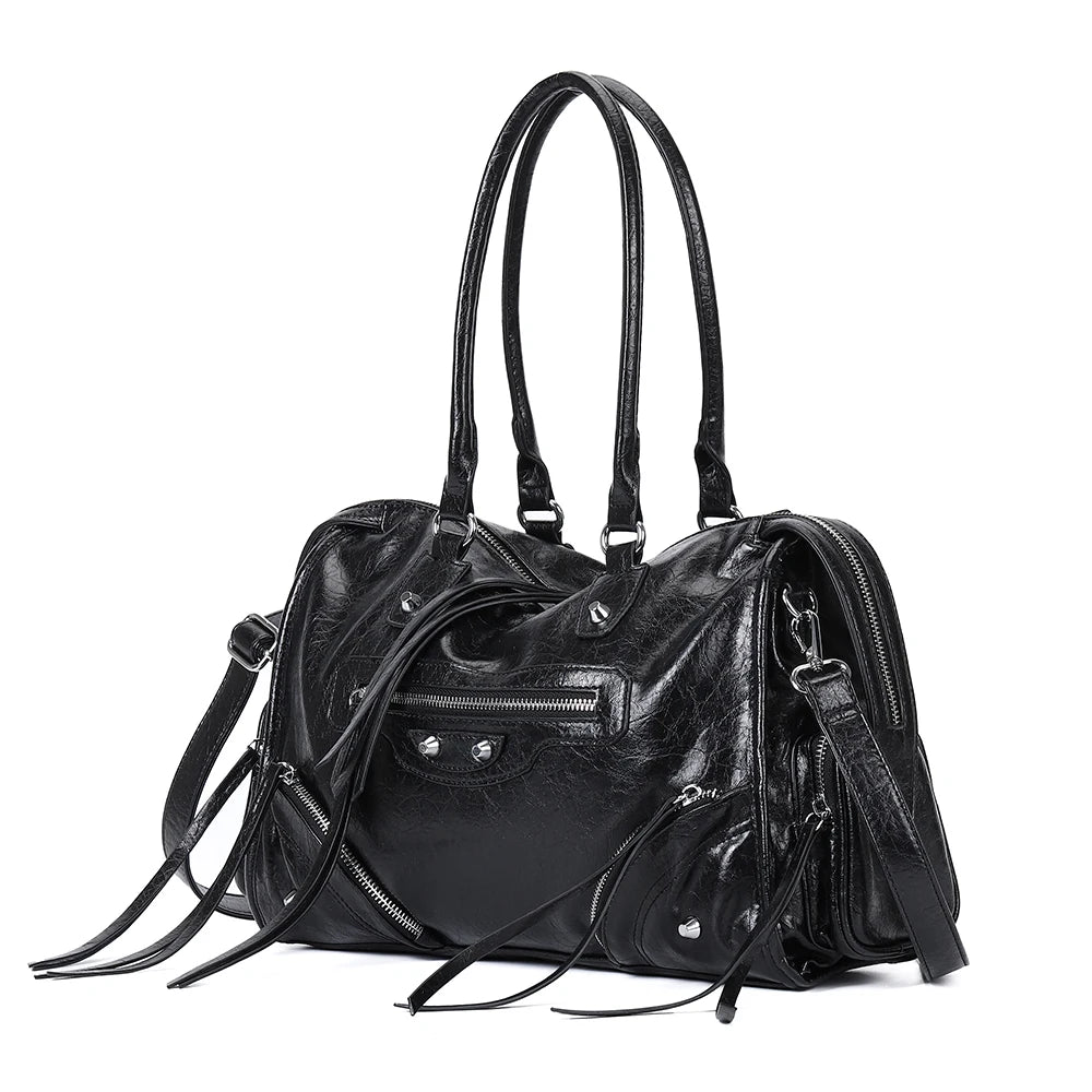 Vintage Inspired Rivet Tote Bag with Tassel Accents Y2K Streetwear Style