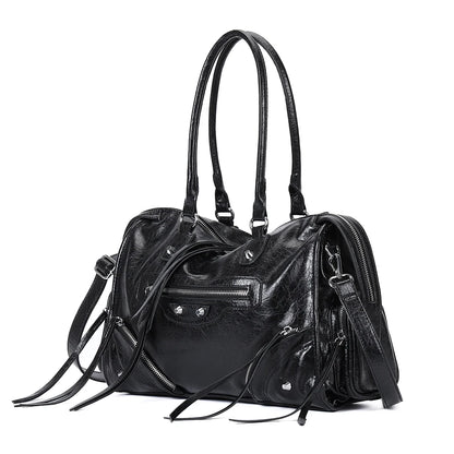 Vintage Inspired Rivet Tote Bag with Tassel Accents Y2K Streetwear Style