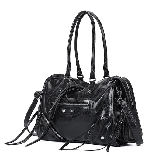 Vintage Inspired Rivet Tote Bag with Tassel Accents Y2K Streetwear Style