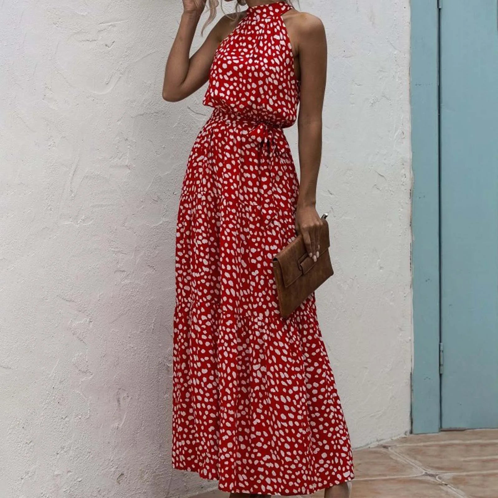 Halter Neck Polka Dot Maxi Dress with Sleeveless A-Line Silhouette
