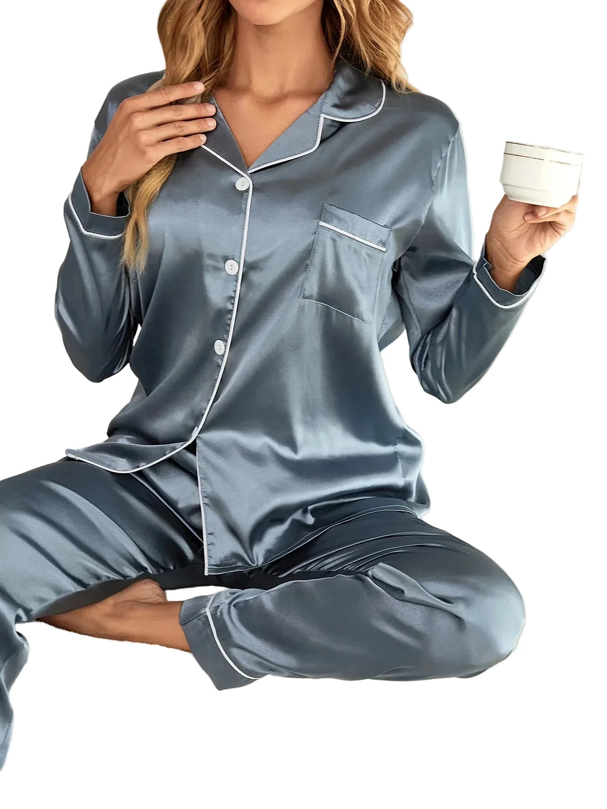 Classic Red Long-Sleeve Pajama Set with Tailored White Piping