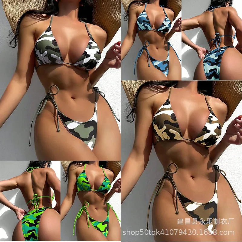 Classic Camouflage Print Triangle String Bikini with Tie-Side Bottoms