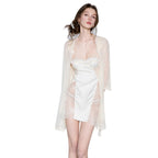 Ethereal Ivory Two-Piece Sleepwear Set with Lace-Paneled Chemise and Sheer Long-Sleeve Robe