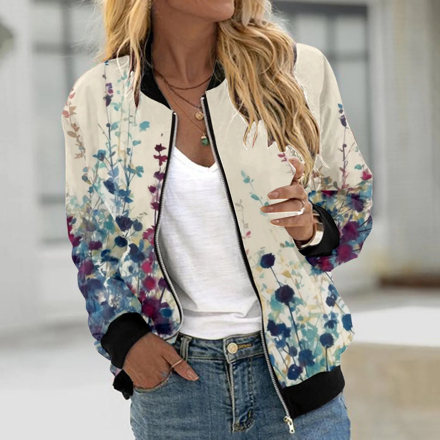 Printed Varsity Inspired Zip Front Streetwear Jacket with Relaxed Fit