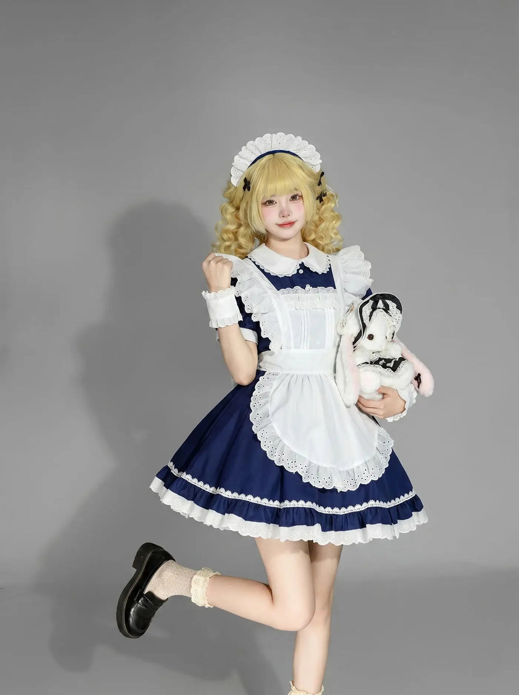 Classic Navy Blue and White Lolita Maid Dress with Ruffled Apron and Puff Sleeves