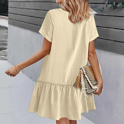 Button Front Ruffle Hem Mini Dress with Relaxed Everyday Summer Silhouette