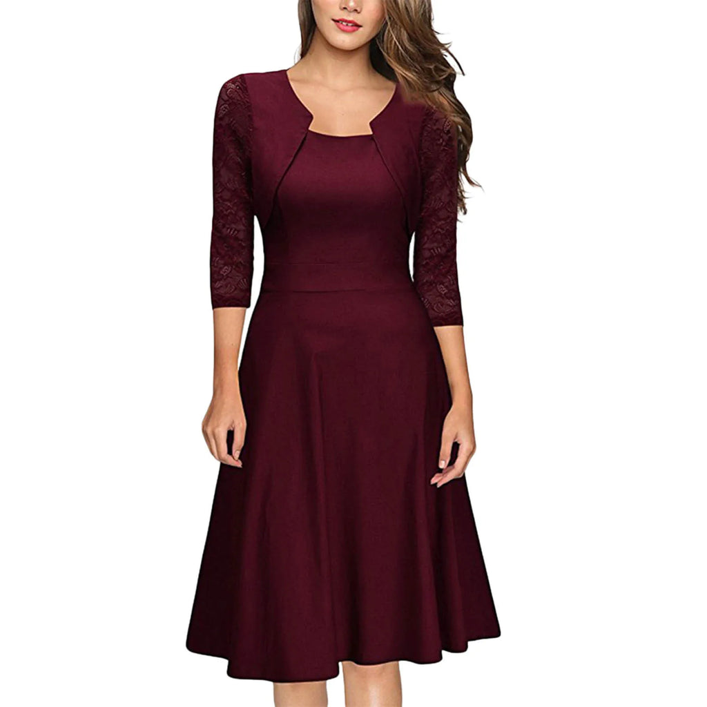 Square Neck A-Line Midi Dress with Lace Panels and Three Quarter Sleeves