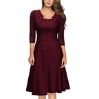 Square Neck A-Line Midi Dress with Lace Panels and Three Quarter Sleeves