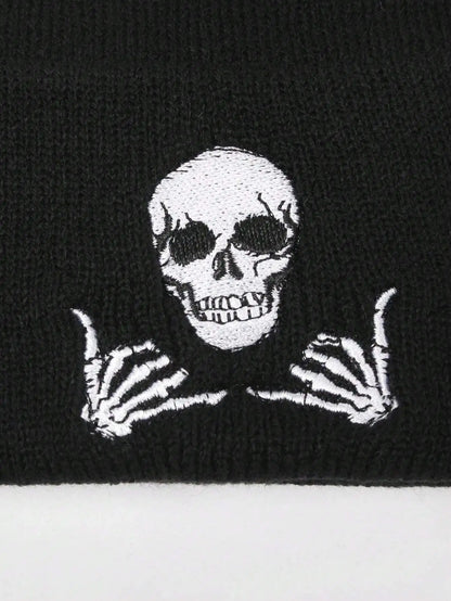 Embroidered Skull Graphic Acrylic Knit Beanie for Contemporary Streetwear Winter Casual Fashion Style