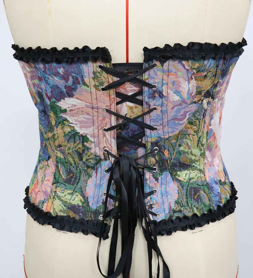 Vibrant Floral Print Front-Zip Corset Top with Black Lace Trim