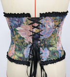 Vibrant Floral Print Front-Zip Corset Top with Black Lace Trim