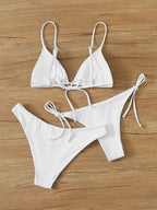 Solid White Three-Piece Triangle Bikini Set with Side-Tie Details
