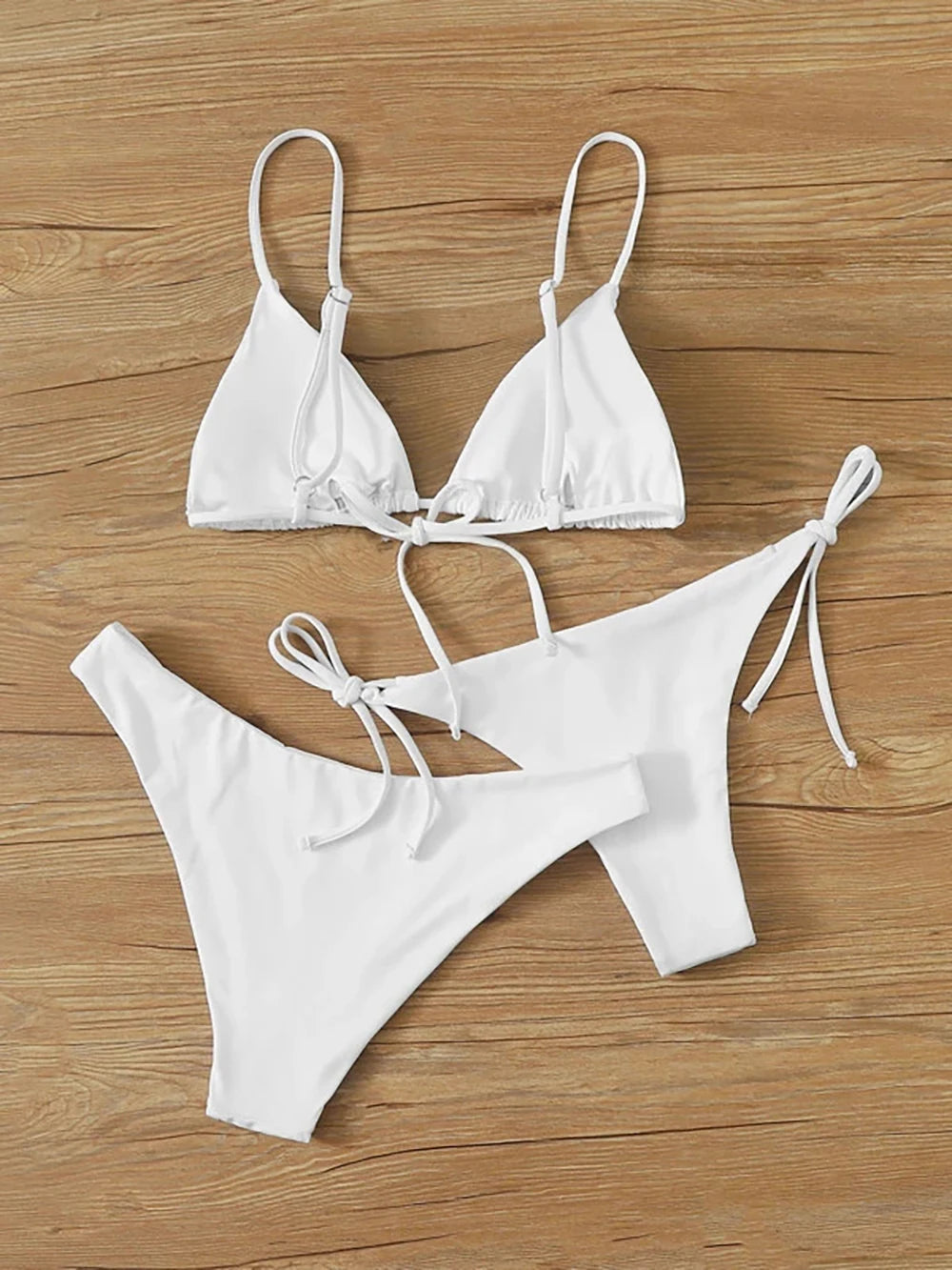 Solid White Three-Piece Triangle Bikini Set with Side-Tie Details