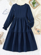 Tiered Long Sleeve A-Line Mini Dress with Relaxed Flowing Silhouette