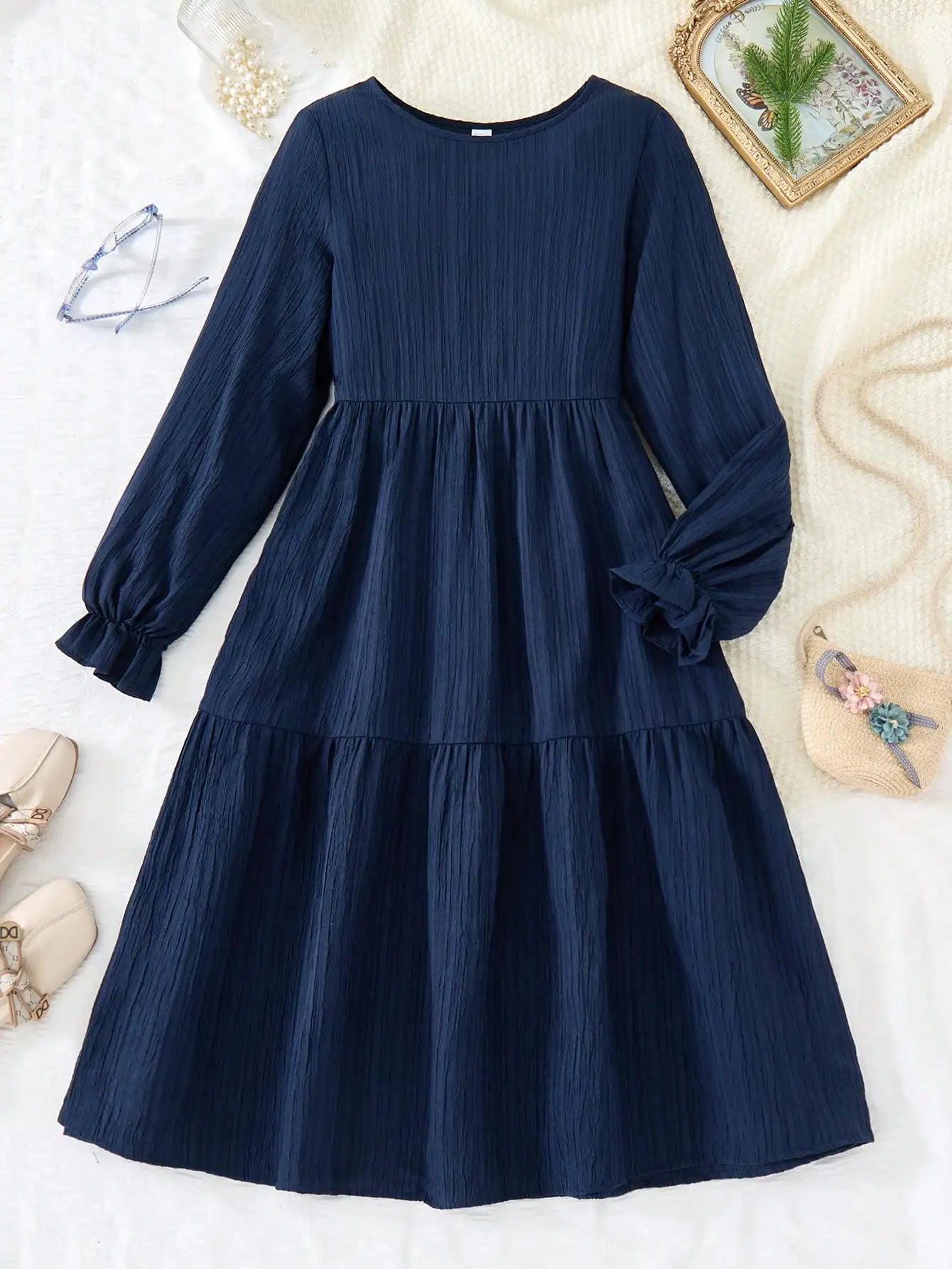 Tiered Long Sleeve A-Line Mini Dress with Relaxed Flowing Silhouette
