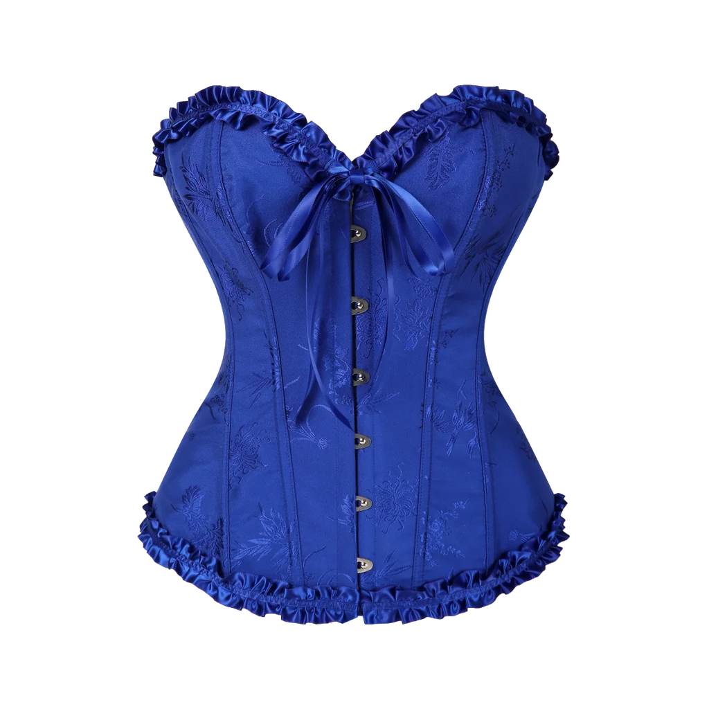 Jacquard Overbust Corset with Ruffled Trim, Structured Boning and Lace-Up Back