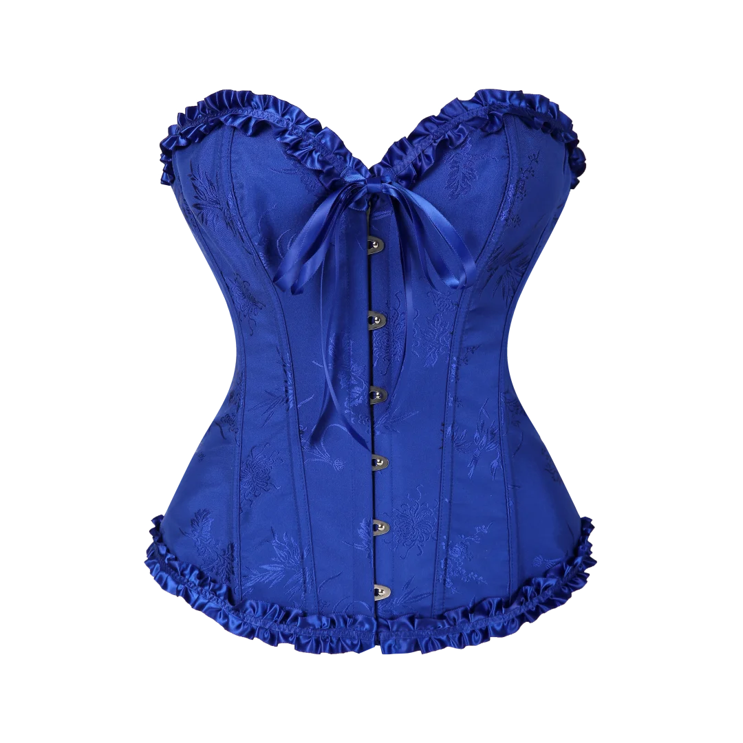 Jacquard Overbust Corset with Ruffled Trim, Structured Boning and Lace-Up Back