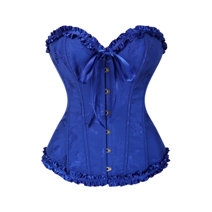 Jacquard Overbust Corset with Ruffled Trim, Structured Boning and Lace-Up Back