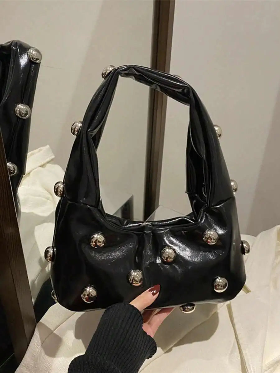 Vintage Inspired Half Moon Shoulder Bag with Rivet Accent Details