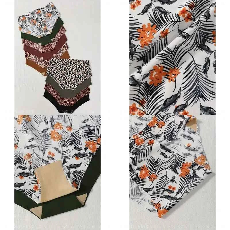 10-Piece Women’s Seamless-Style Hipster Briefs Set with Tropical Floral and Leopard Prints, Plus Assorted Solid Colors