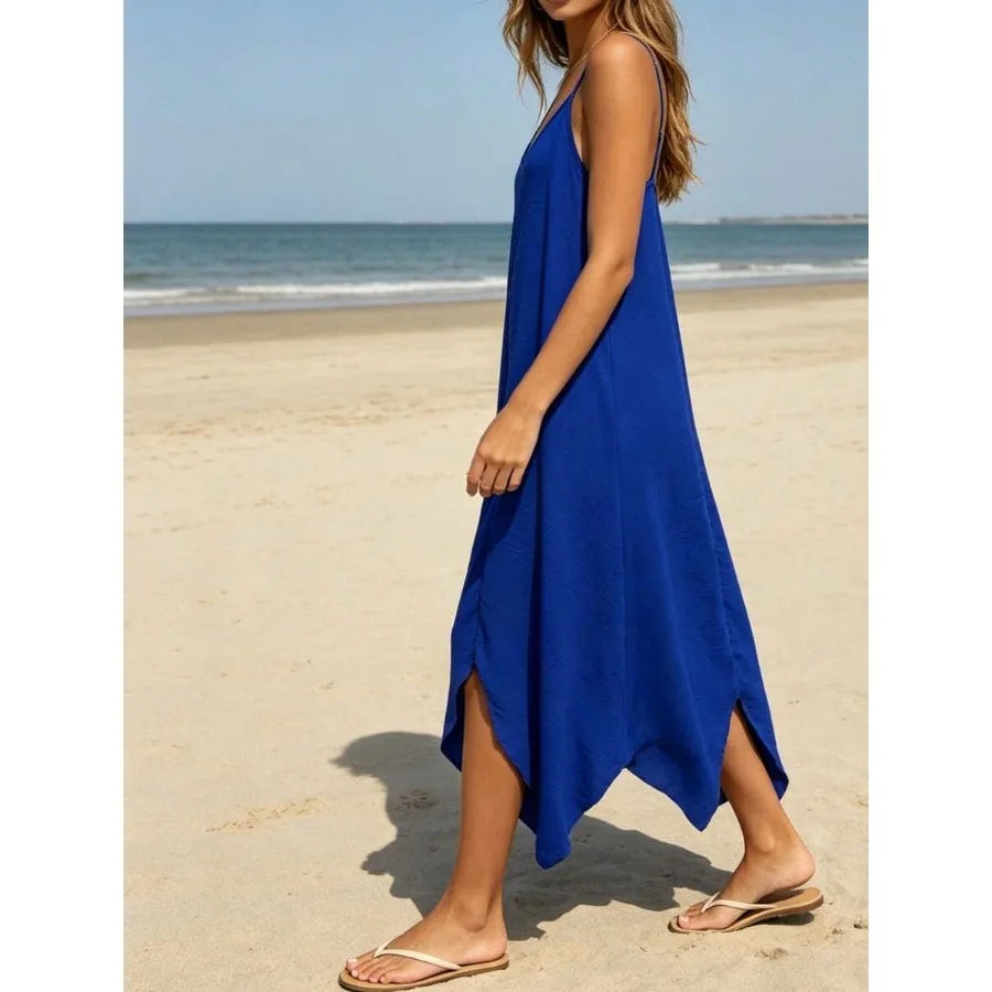 Spaghetti Strap V-Neck Maxi Dress with Relaxed Fit and Asymmetrical Hem