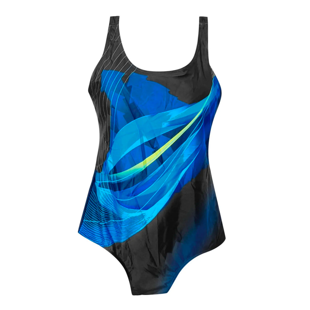 Retro Color-Block Racerback One-Piece Swimsuit with Colorful Print, O-Neck and Open Back Design